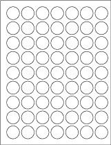 1" Circle Labels for Laser and Inkjet printers, 63 labels per sheet.