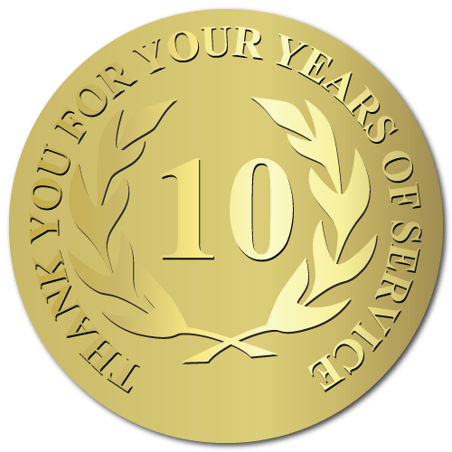 10 Years Embossed Award Stickers