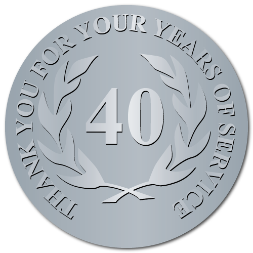 40 Years of Service, Silver Foil Stamped & Embossed Seals, 2 Inch Circles, Pack of 25