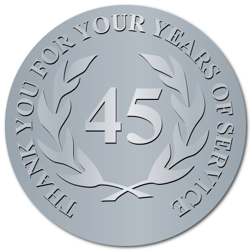 45 Years of Service, Silver Foil Stamped & Embossed Seals, 2 Inch Circles, Pack of 50