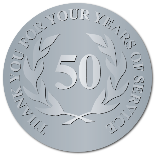 50 Years of Service, Silver Stamped & Embossed Seals, 2 Inch Circles, Pack of 50