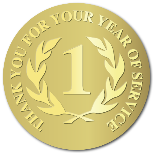 1 Year of Service, Foil Stamped & Embossed Seals, 2 Inch Circles, Pack of 10