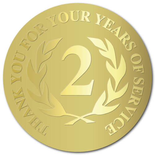 2 Years of Service, Foil Stamped & Embossed Seals, 2 Inch Circles, Pack of 50