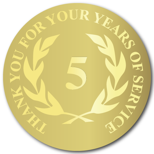 5 Years of Service, Foil Stamped Seals, 0.75 Inch Circles, Pack of 10