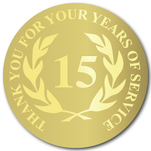 15 Years of Service, Foil Stamped Seals, 0.75 Inch Circles, Pack of 25