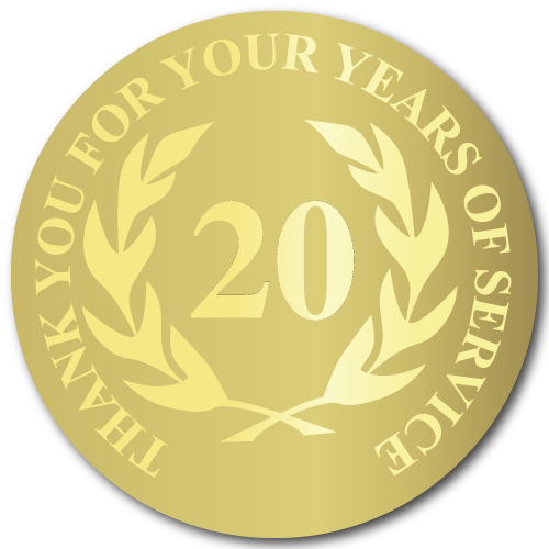 20 Years of Service, Foil Stamped Seals, 0.75 Inch Circles, Pack of 10