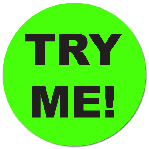 1 Inch Circle, TRY ME Fluorescent Green, Roll of 500 Stickers