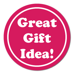 "Great Gift Idea" White on Pink Circle Stickers
