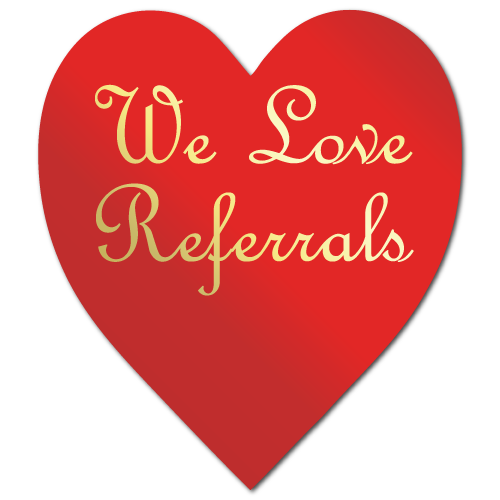 We Love Referrals Heart Shape Red and Gold, Roll of 100 Stickers