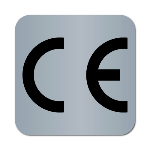 CE European Conformity Labels, Sqaure, Black on Matte Silver Foil, Roll of 1,000